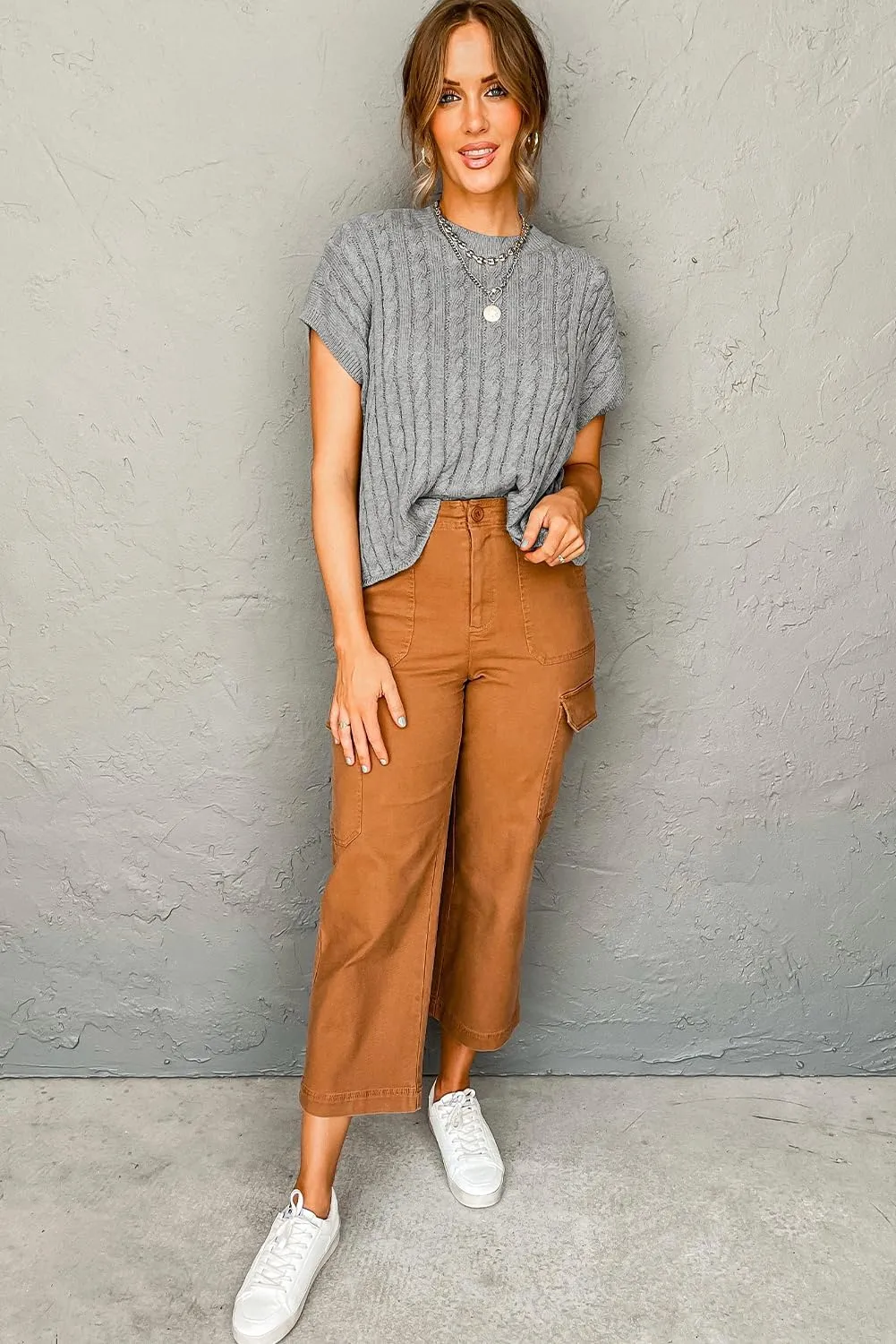 Women's Elegant Light French Beige Cable Knit Short Sleeve Sweater