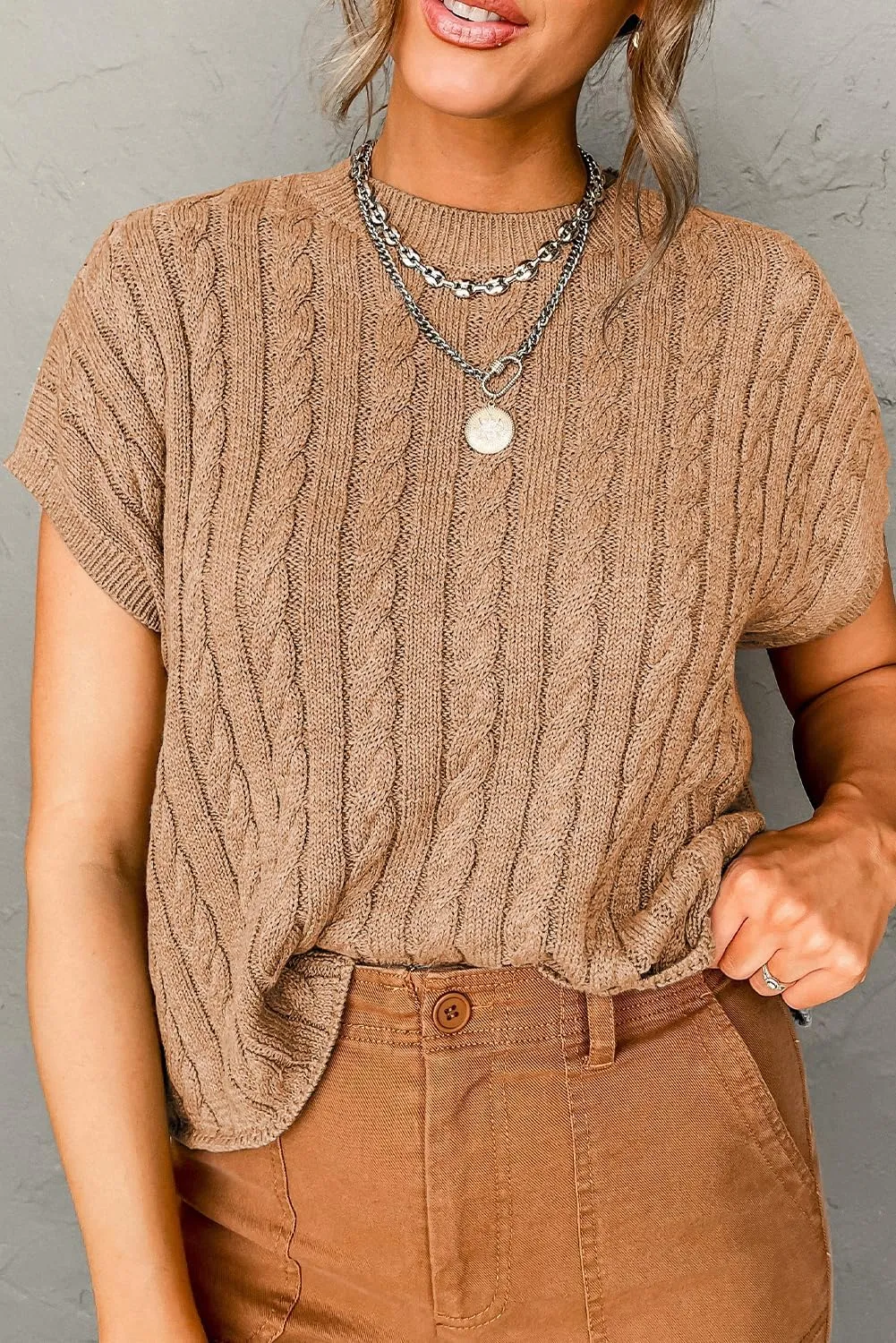 Women's Elegant Light French Beige Cable Knit Short Sleeve Sweater