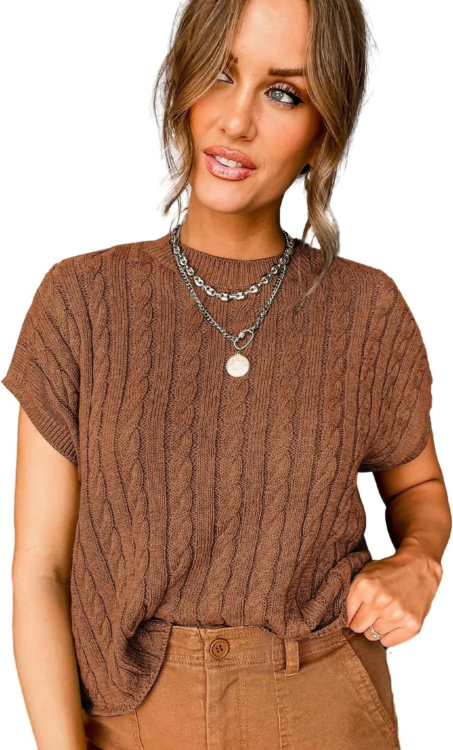 Women's Elegant Light French Beige Cable Knit Short Sleeve Sweater